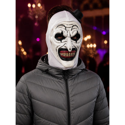 White Clown Full Face Mask with Top Hat and Sharp Teeth, Scary Halloween Costume on-model view