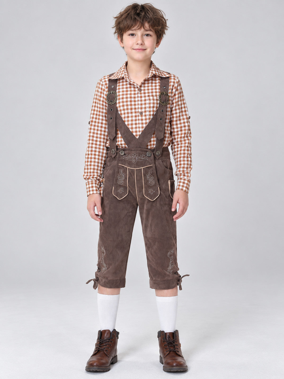 Gray Polyester Kids' Suspender Pants with Embroidery