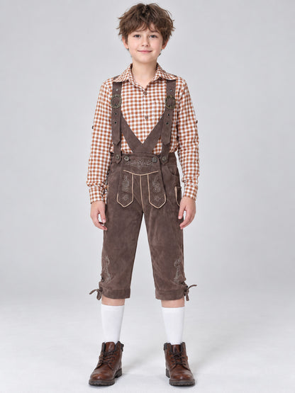 Gray Polyester Kids' Suspender Pants with Embroidery