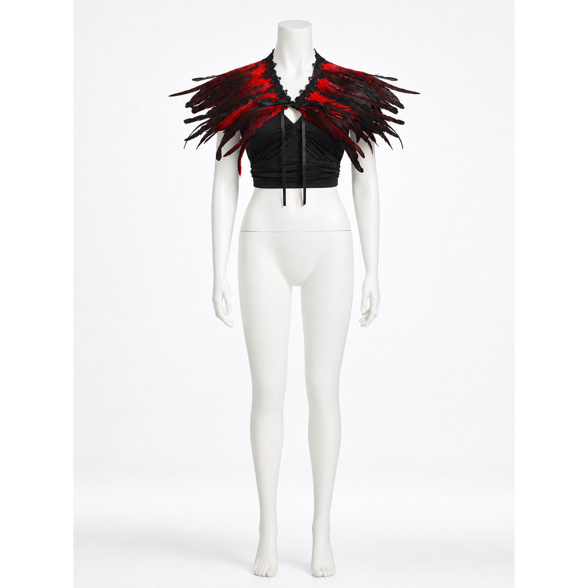 Feather Lace Capelet, Black-Red Gradient Feather Shoulder Cape, Black Bow Tie Front, Multi-Layer Trim, Halloween Costume Cosplay Stage Performance