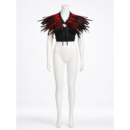 Feather Lace Capelet, Black-Red Gradient Feather Shoulder Cape, Black Bow Tie Front, Multi-Layer Trim, Halloween Costume Cosplay Stage Performance