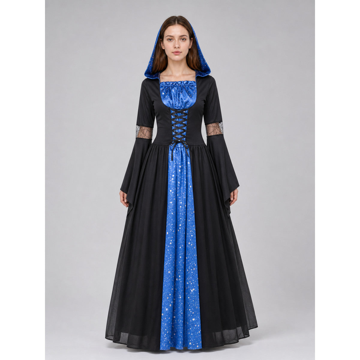 This costume is designed to create a witch, vampire, or ghostly character look for Halloween and themed role-playing events. The design features a black-and-blue color combination and consists of a long dress with a hood and long sleeves. T