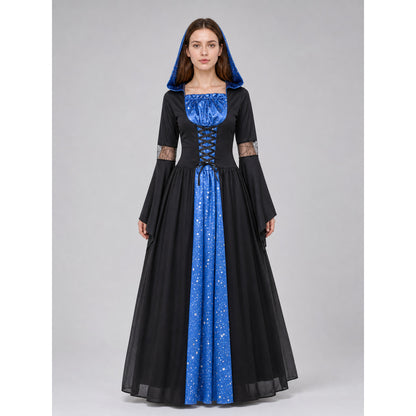This costume is designed to create a witch, vampire, or ghostly character look for Halloween and themed role-playing events. The design features a black-and-blue color combination and consists of a long dress with a hood and long sleeves. T