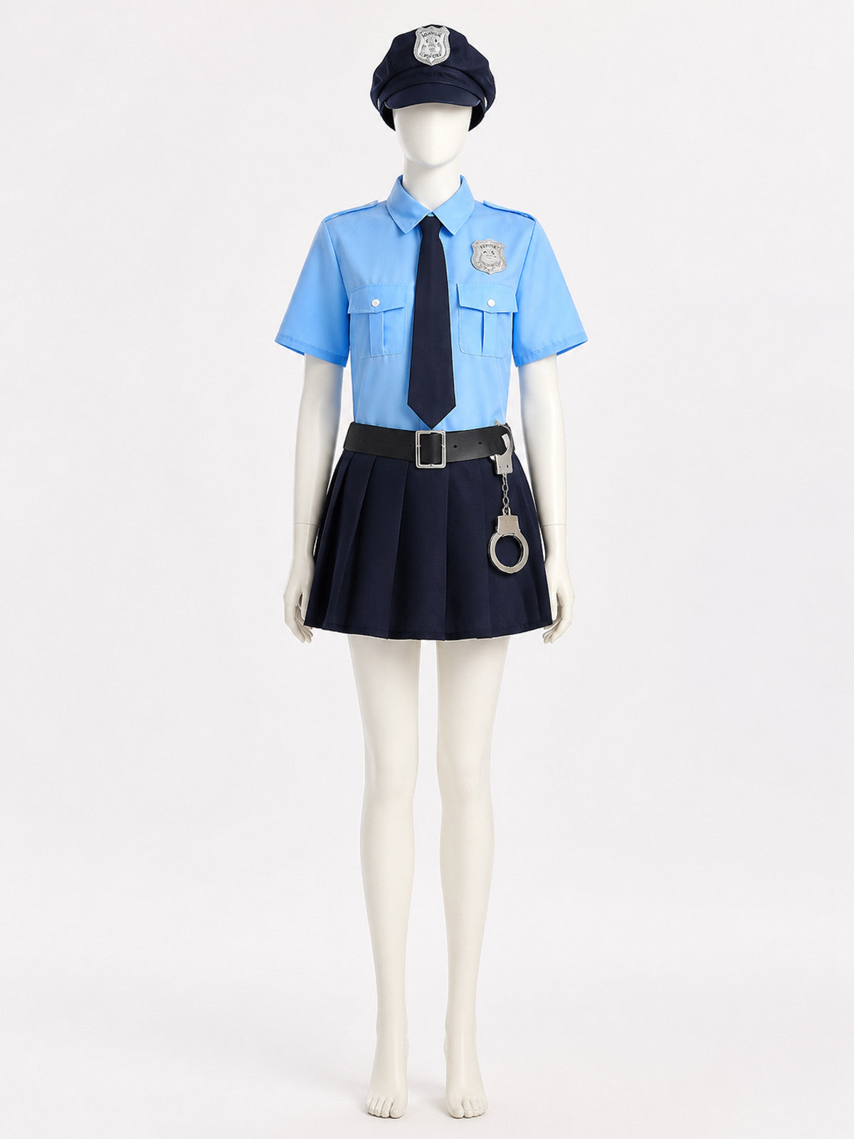 Police Costume Set with Hat, Tie, Belt and Handcuffs, Blue Uniform Outfit on-model view