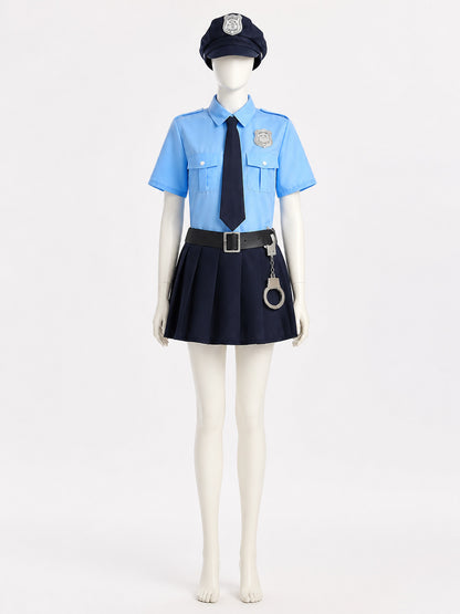 Police Costume Set with Hat, Tie, Belt and Handcuffs, Blue Uniform Outfit on-model view