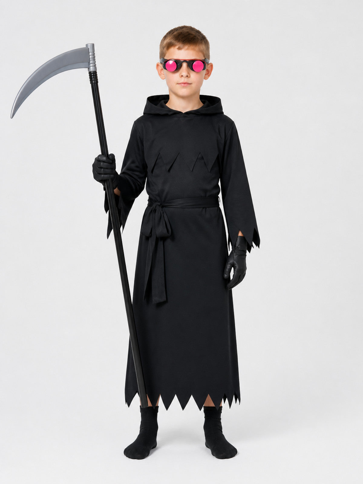 Children's Grim Reaper Costume with Scythe and Glowing Glasses on-model view