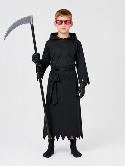 Children's Grim Reaper Costume with Scythe and Glowing Glasses on-model view