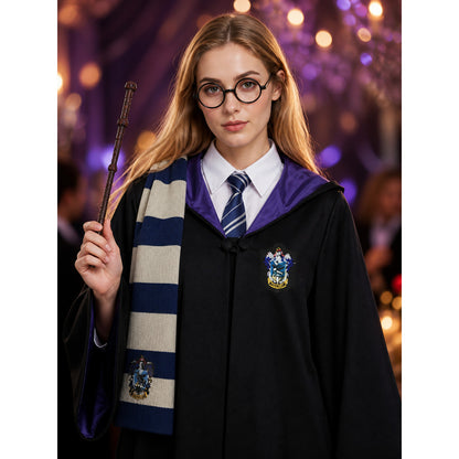 Long Black Hooded Wizard Robe Halloween Costume Set with White Shirt, Striped on-model view