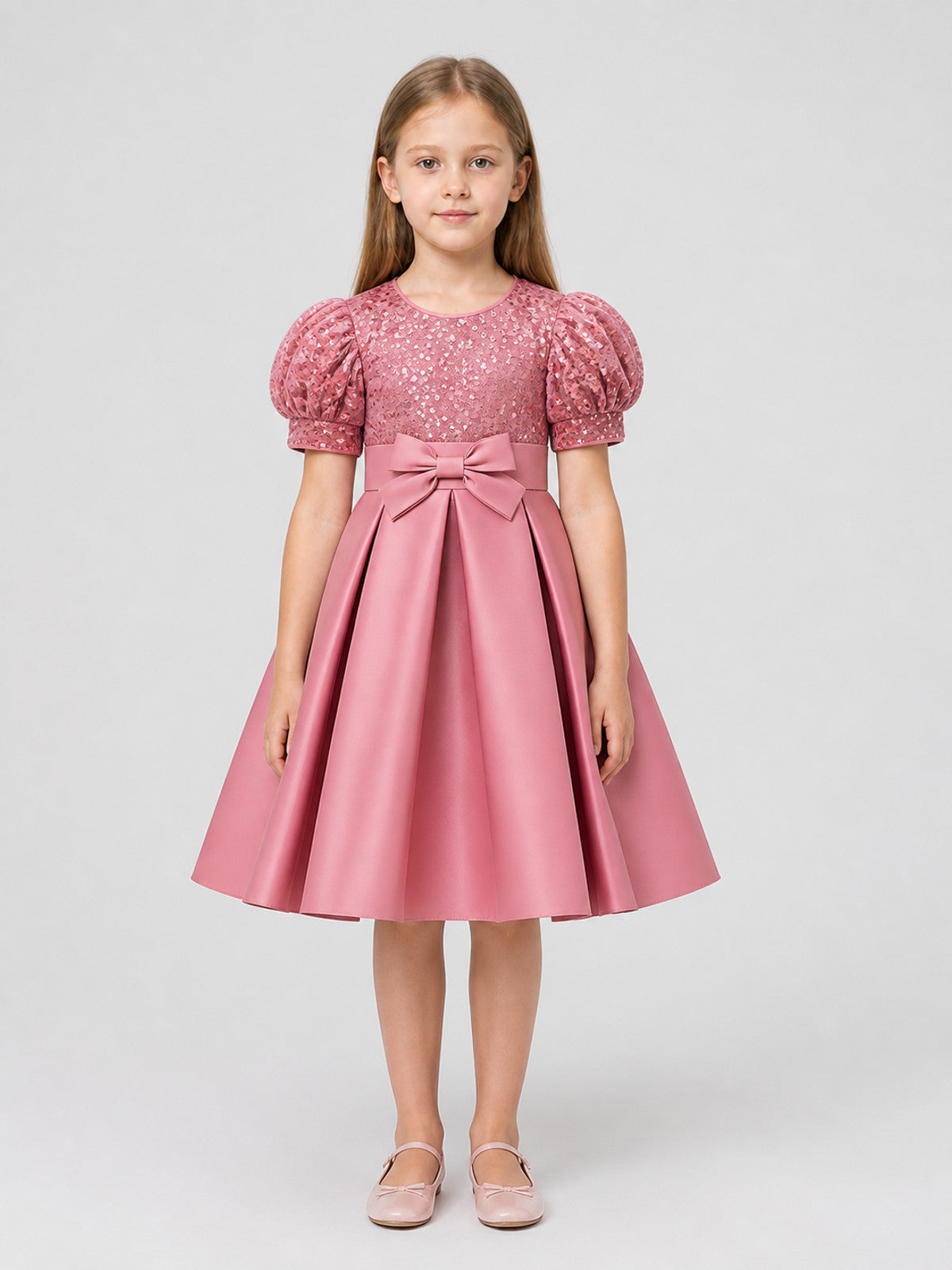Dressy Sequin Dress with Bow and Full Skirt on-model view