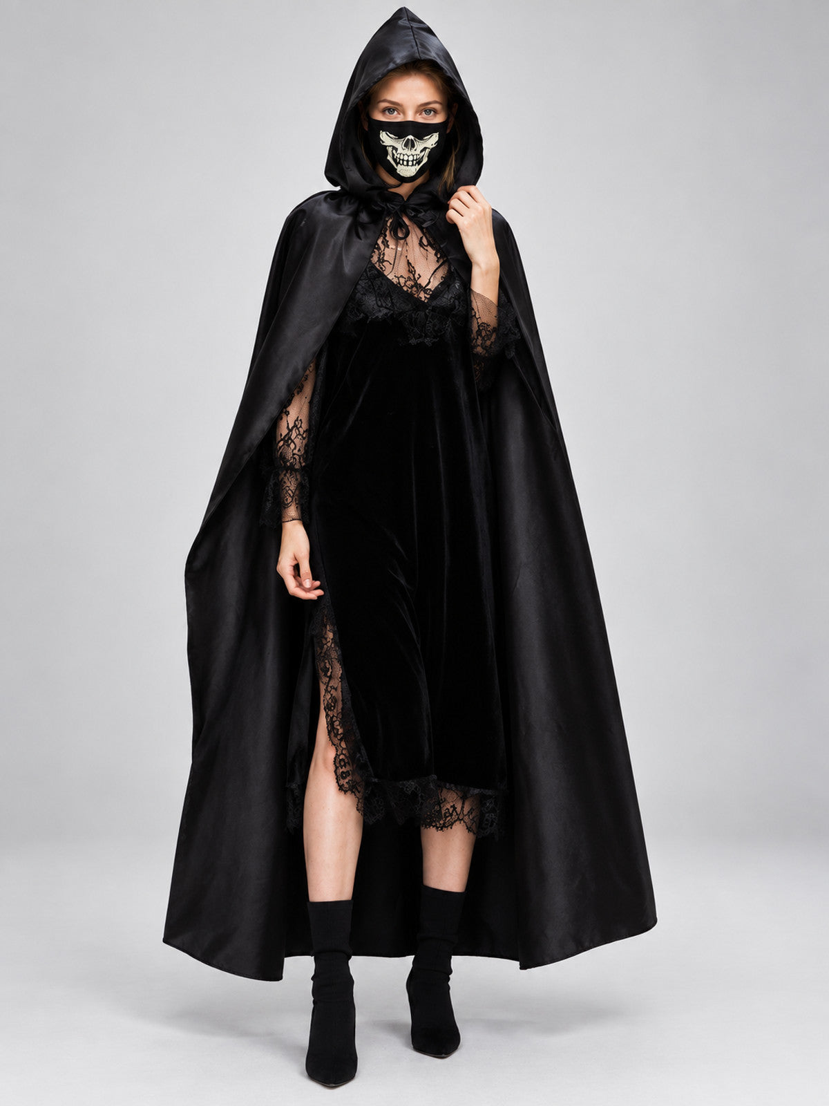 Costume Cape with Hood and Skull Mask on-model view