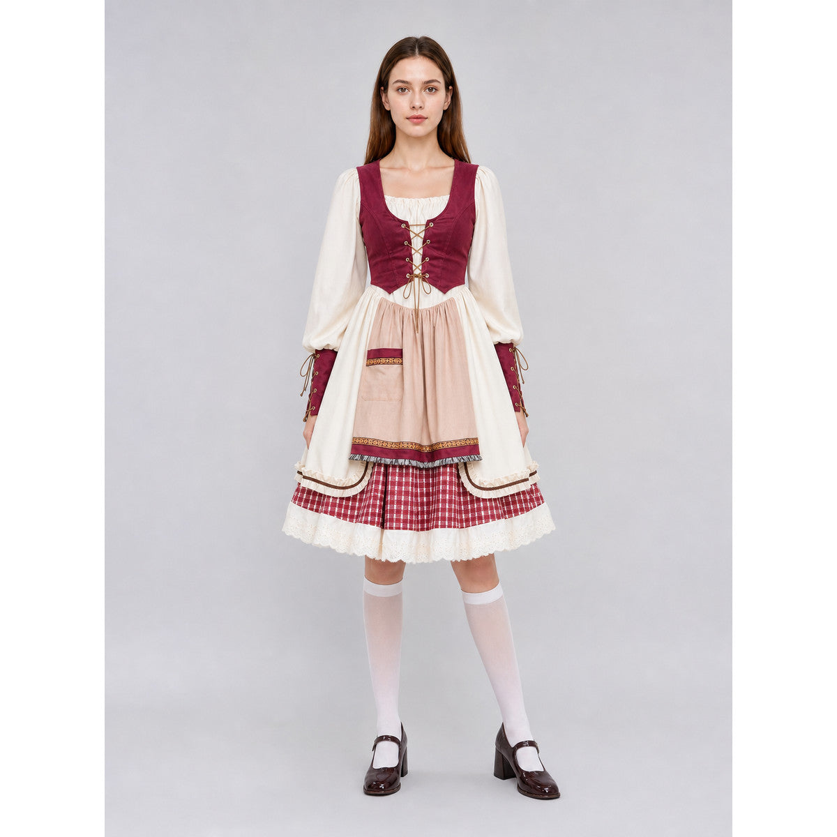 Historical costume for the stage with apron and lace on-model view