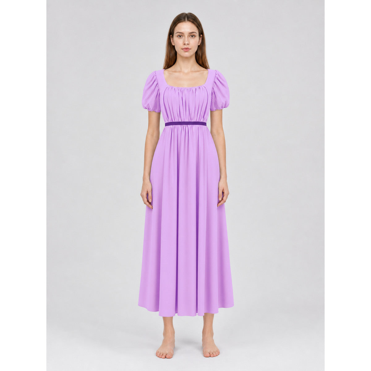 Regency-Style Dress with a Belt and Puff Sleeves