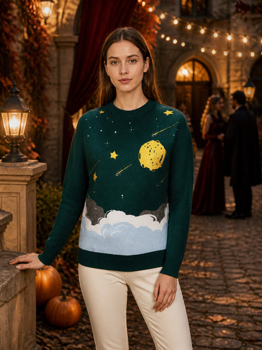 Deep Green Knit Sweater with Night Sky Star and Moon Pattern, Round Neck, Ribbed