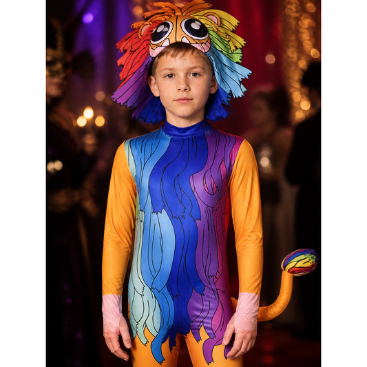 Yarnaby Cosplay Bodysuit Costume, Multi-Color Mane Print with Mask and Tail on-model view