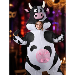 Adult Cow Onesie Costume with Horns, Spots, and Hood for Halloween