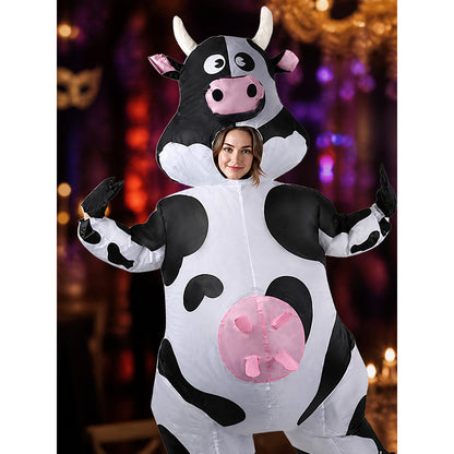 Adult Cow Onesie Costume with Horns, Spots, and Hood for Halloween on-model view