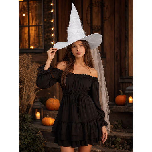 White Halloween Witch Hat With Attached Sheer Veil, Tall Curved Pointed Crown And Wide Floppy Brim For Cosplay on-model view