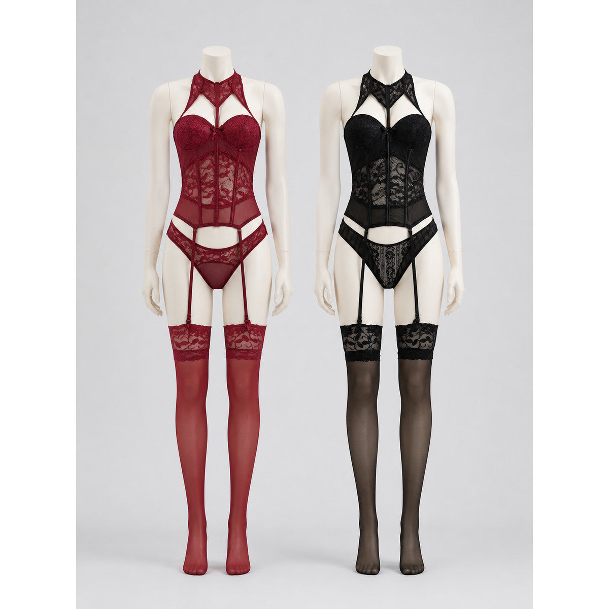 Lace Corset Outfit with Garters (Burgundy, Black) on-model view
