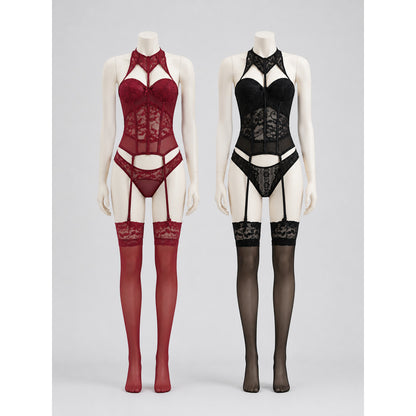 Lace Corset Outfit with Garters (Burgundy, Black) on-model view