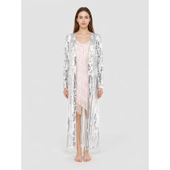 Women's Silver Sequin Long Cardigan - Sheer Embroidered Open-Front Duster for 1920s Gatsby Party