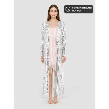 Sequin and Fringe Cardigan with Stand Collar