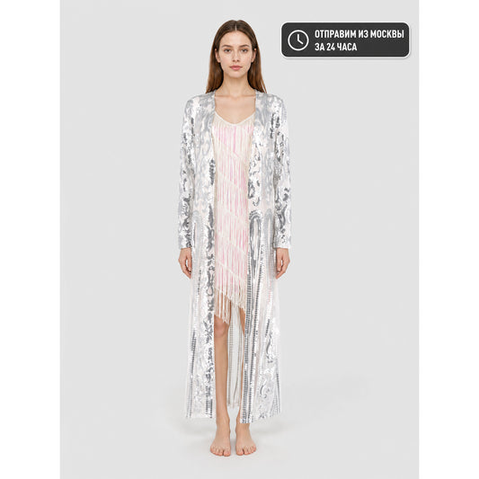 Sequin and Fringe Cardigan with Stand Collar main product view