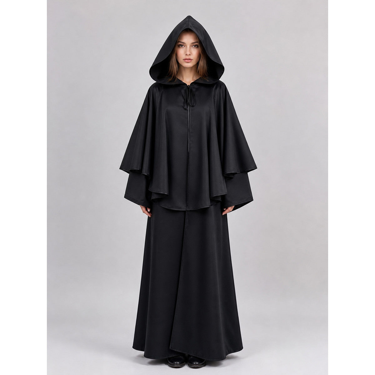 Long Black Hooded Grim Reaper-Style Cloak on-model view