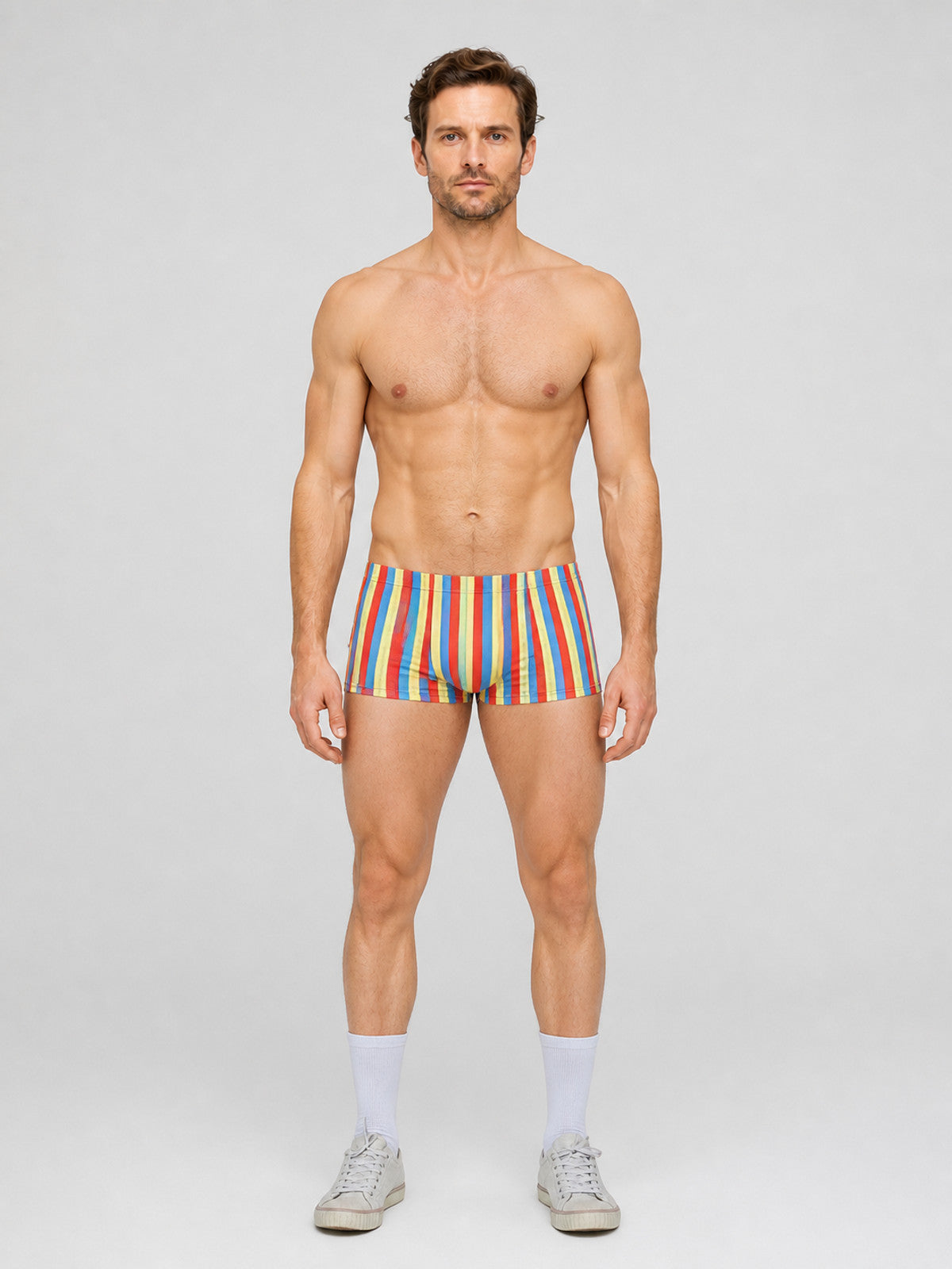 Carnival Shorts with Multicolored Stripes on-model view