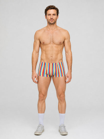 Carnival Shorts with Multicolored Stripes on-model view