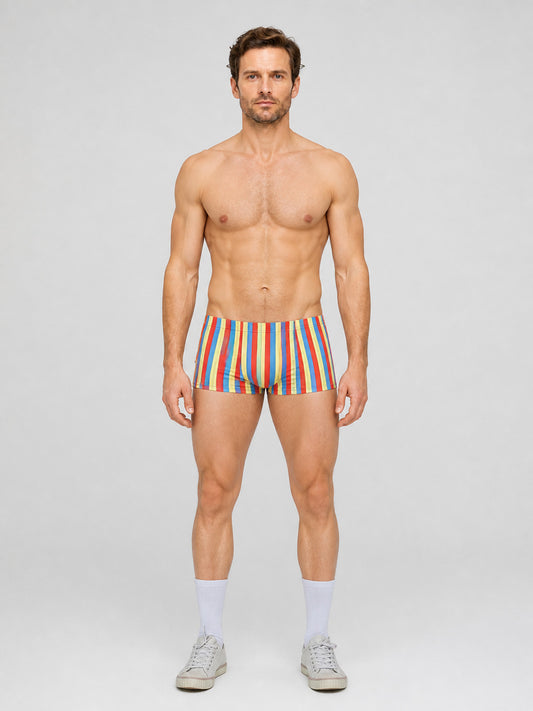 Carnival Shorts with Multicolored Stripes on-model view