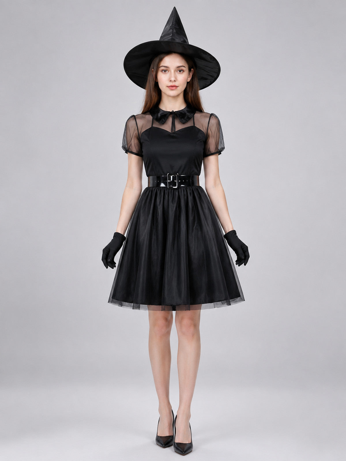 Witch Costume with Dress, Hat, and Gloves on-model view