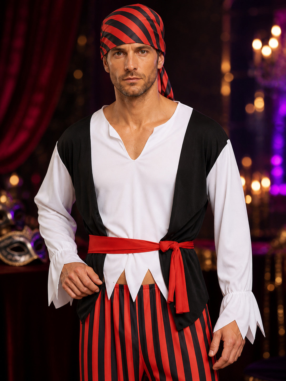 Adult Pirate Captain Halloween Costume Set with Striped Top, Pants, Headscarf on-model view