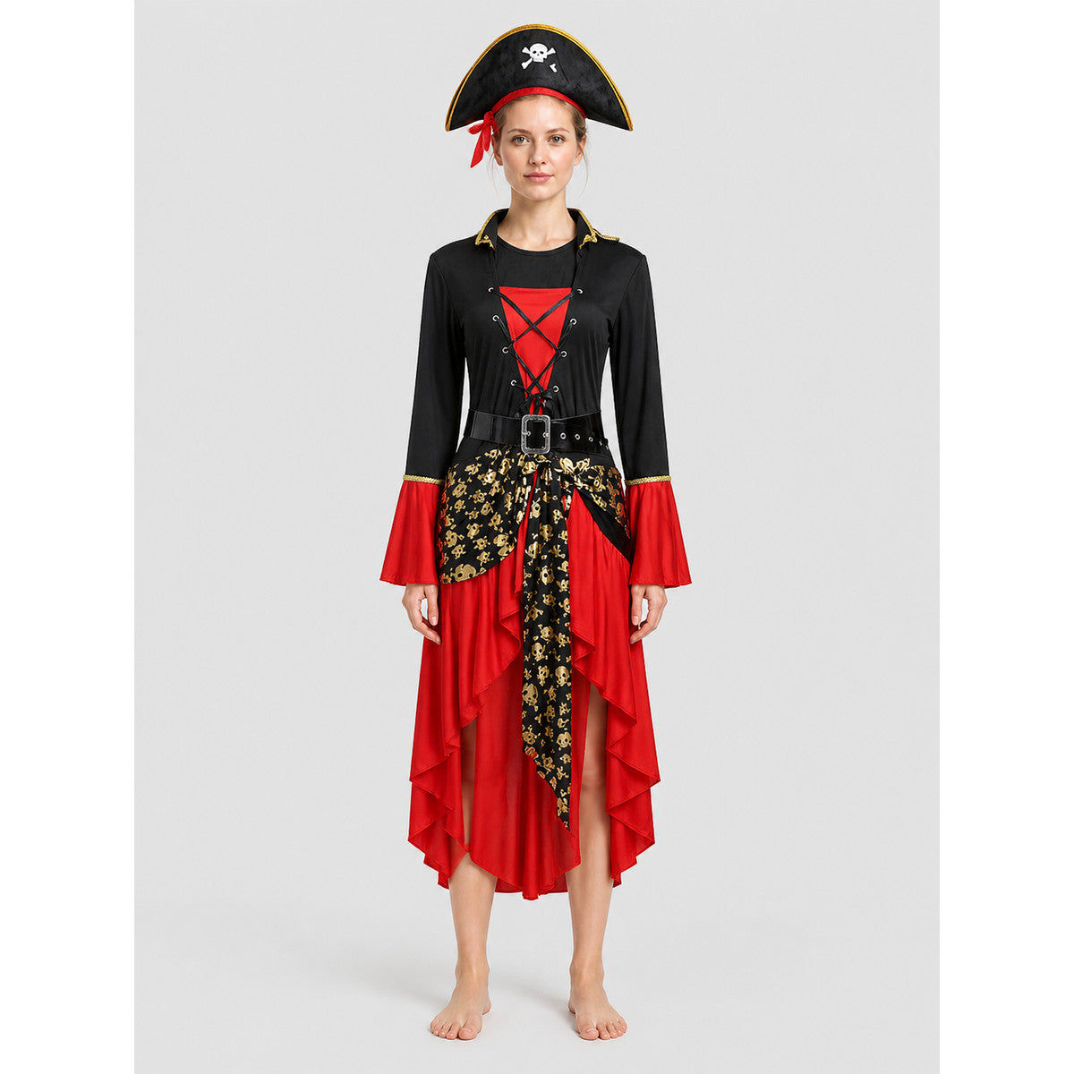 Red and Black Pirate Dress with Hat, Halloween Costume on-model view