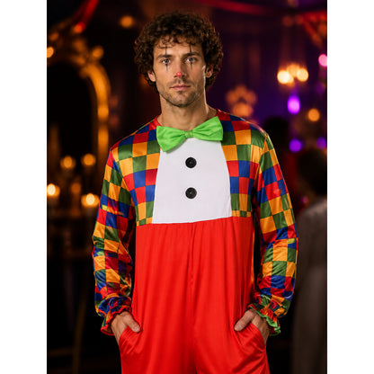 Adult Clown Jumpsuit Costume with Colorful Checkered Print and Bow Tie on-model view