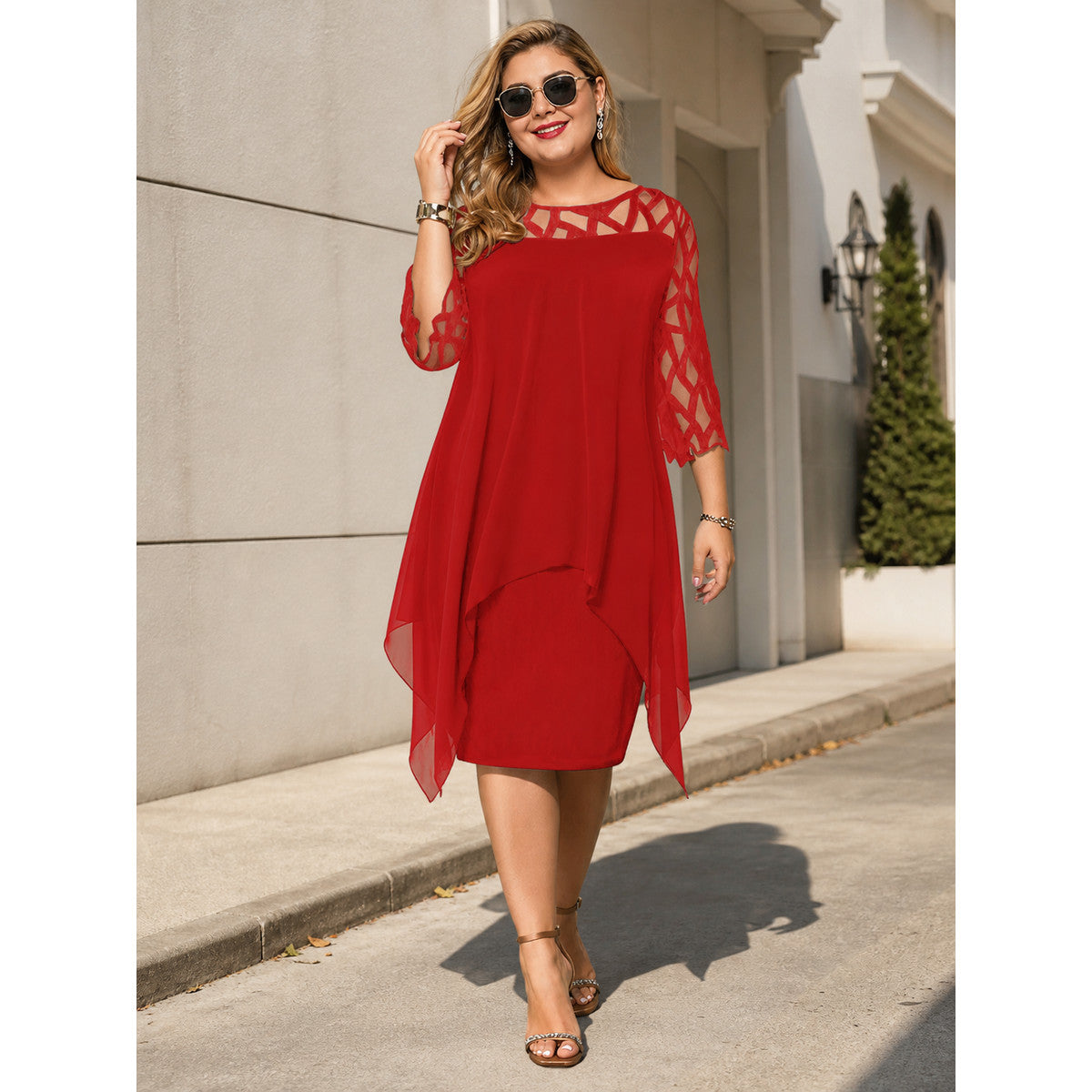 Red Loose-Fit Dress with Geometric Cutouts