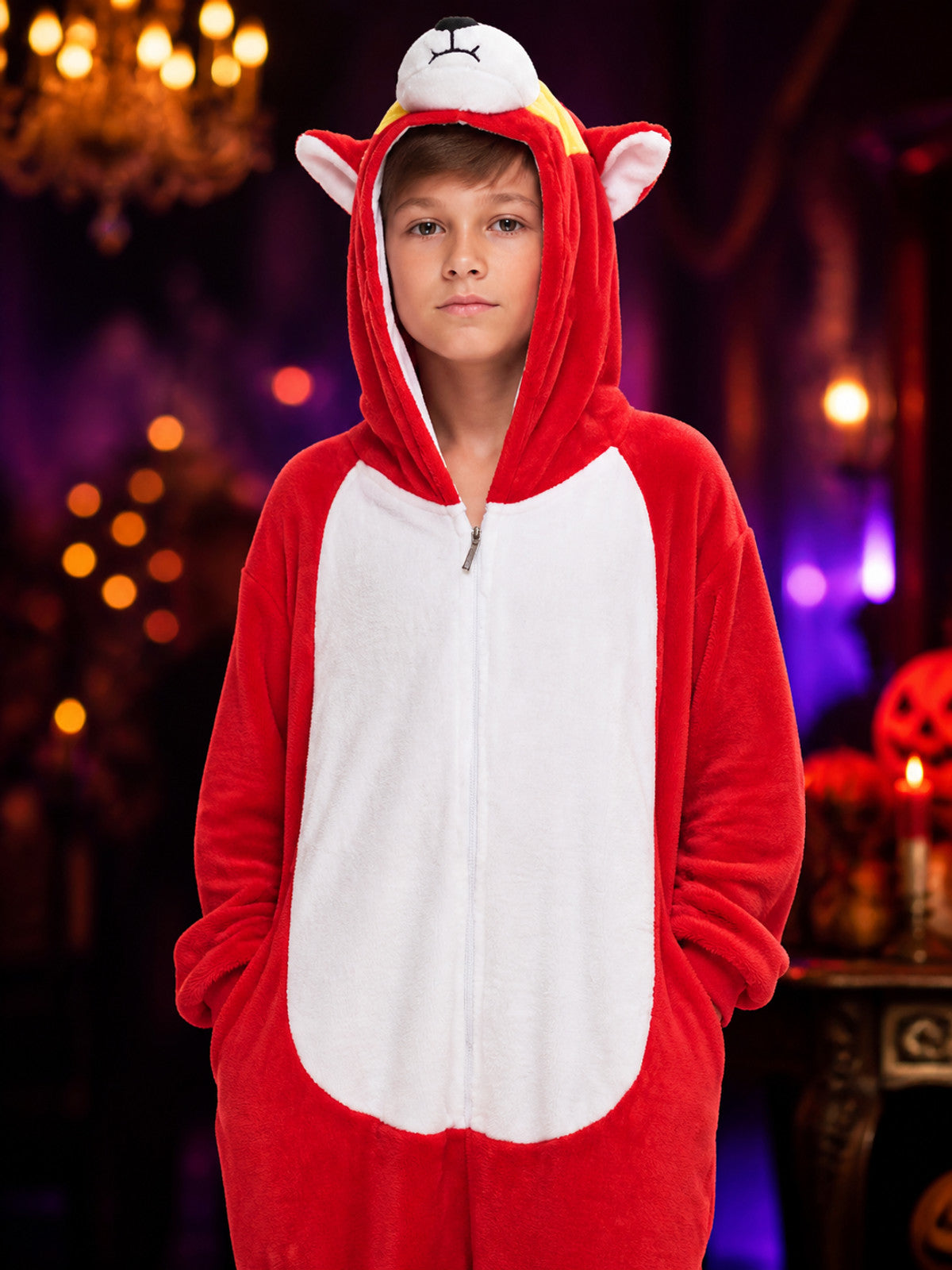 Red and White Hooded Animal Character Jumpsuit Costume on-model view