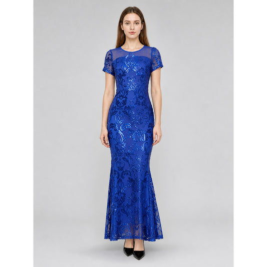 Blue evening dress with floral pattern and sequins