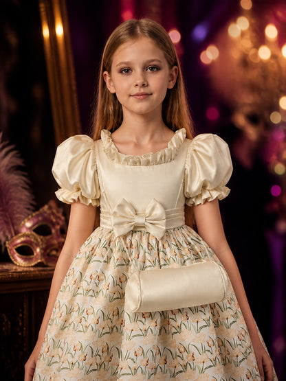 Girls' Floral Print Princess Dress With Puff Sleeves And Bow on-model view
