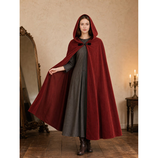 Medieval Hooded Cape with Oversized Hood, Burgundy Velvet-Like Flowing Cloak for Cosplay, Halloween, Themed Parties and Stage Performances