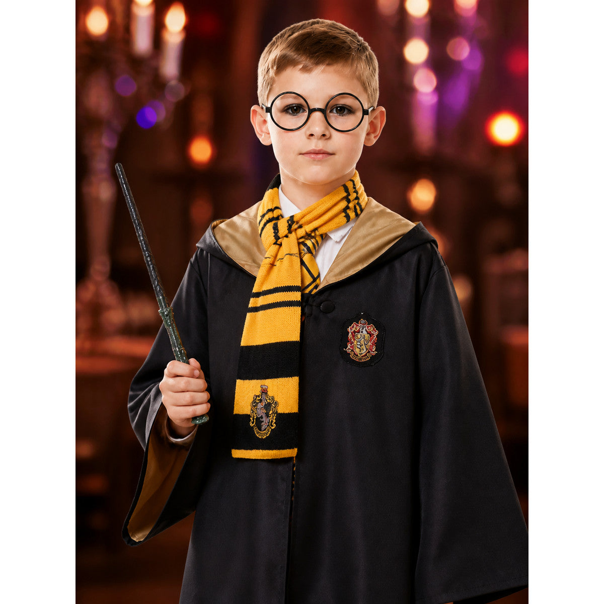 Hufflepuff Wizard Costume Set, Hooded Robe With Striped Scarf, Tie, Glasses & on-model view