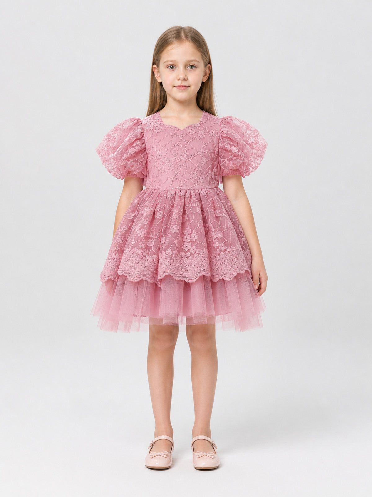 Girls' Princess Dress with Full Skirt and Lace on-model view