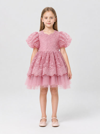 Girls' Princess Dress with Full Skirt and Lace on-model view