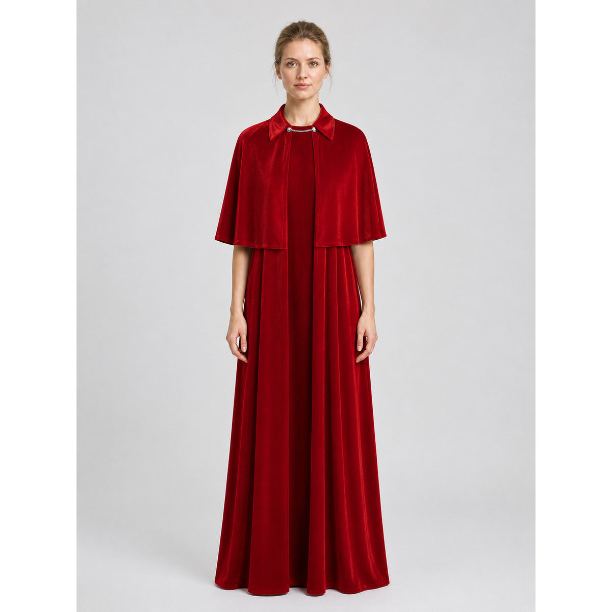 Red Dress and Cape for Vampire Cosplay on Halloween on-model view