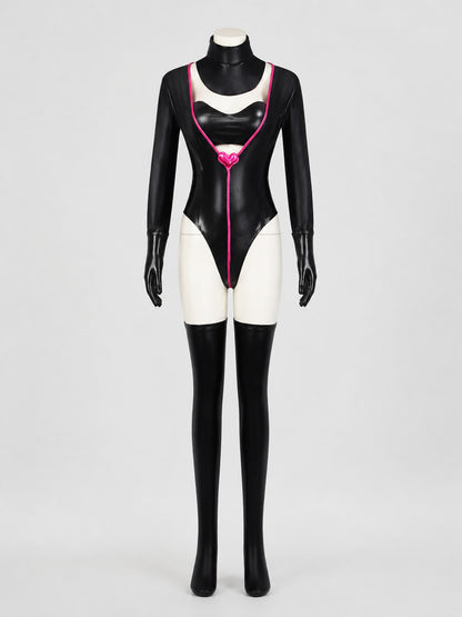 Angel Dust Cosplay Costume Jumpsuit with Gloves and Stockings on-model view