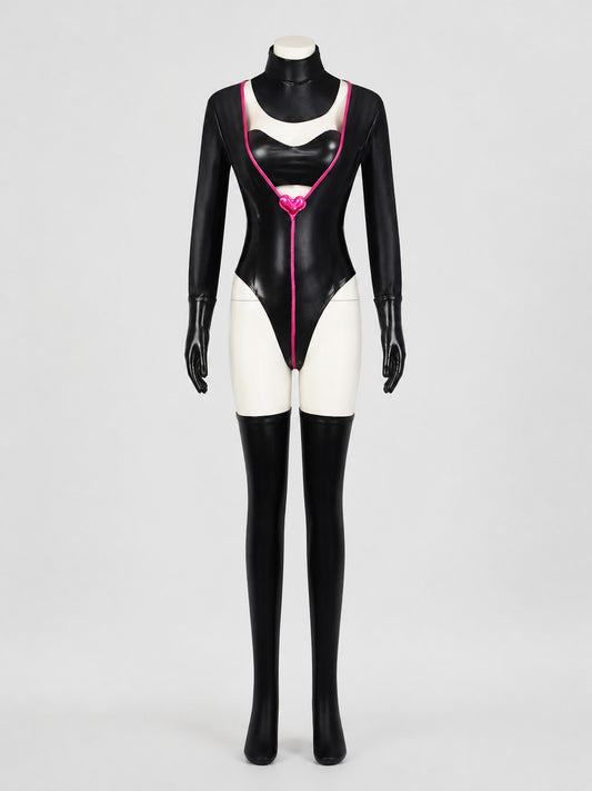 Angel Dust Cosplay Costume Jumpsuit with Gloves and Stockings on-model view
