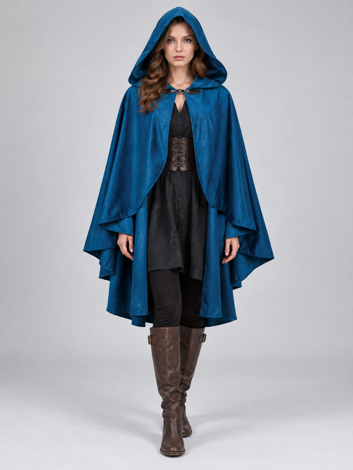 Hooded Cloak Cape, Dark Blue, Velour Suede