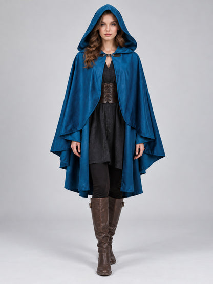 Hooded Cloak Cape, Dark Blue, Velour Suede