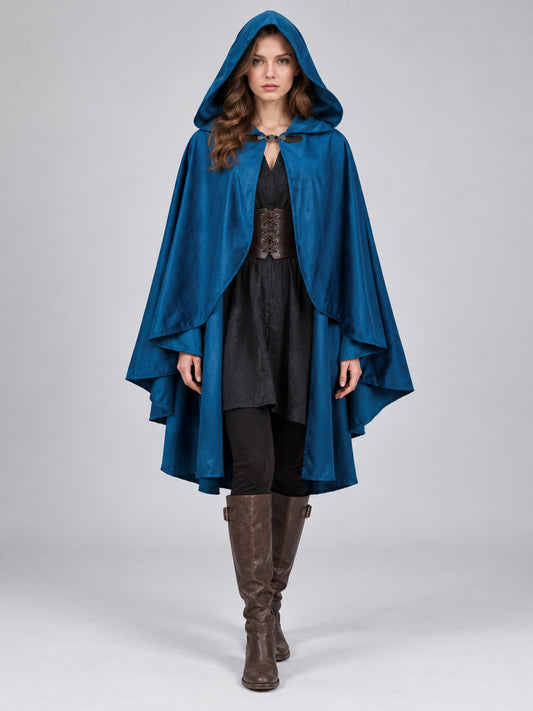 Hooded Cloak Cape, Dark Blue, Velour Suede