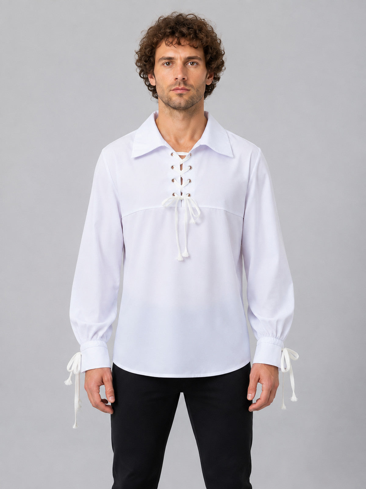 White Medieval Lace-Up Shirt on-model view
