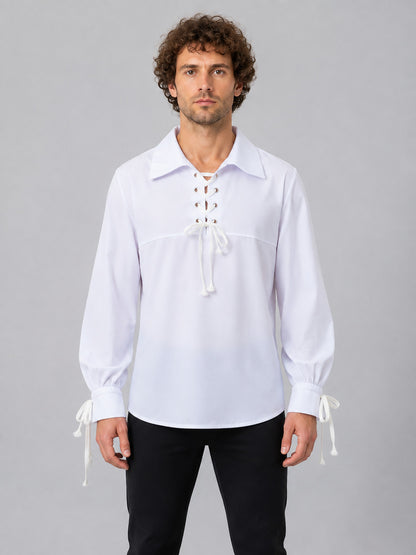 White Medieval Lace-Up Shirt on-model view
